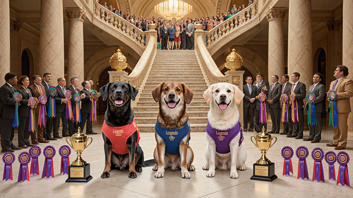 Three champion dogs pose proudly with ribbons and trophies on Art Deco Westminster dog show stage