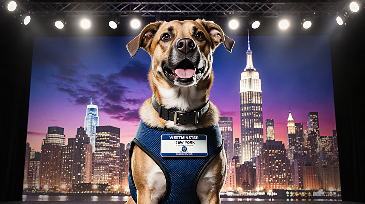 Dog standing proudly with nameplate and handler's vest on Westminster dog show backdrop and NYC skyline behind.