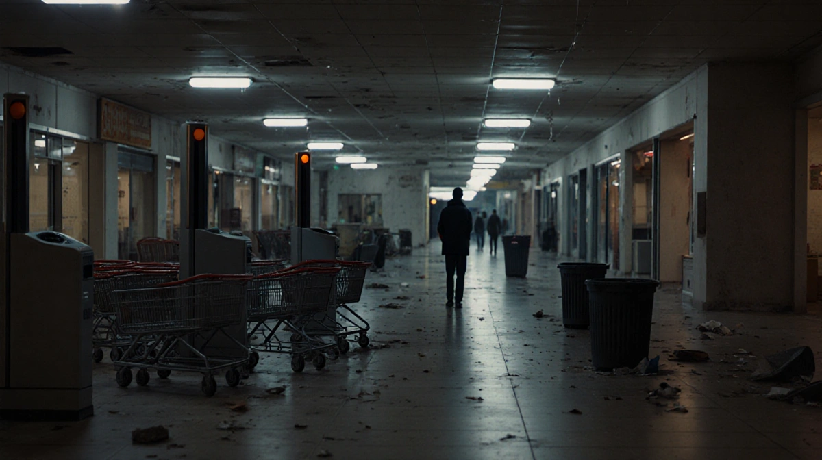 Lone witness stands in empty mall corridor with flickering lights and abandoned shopping carts