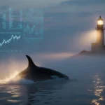 Whale breaching through ocean fog with golden lighthouse glow and faint crypto chart reflections in mist