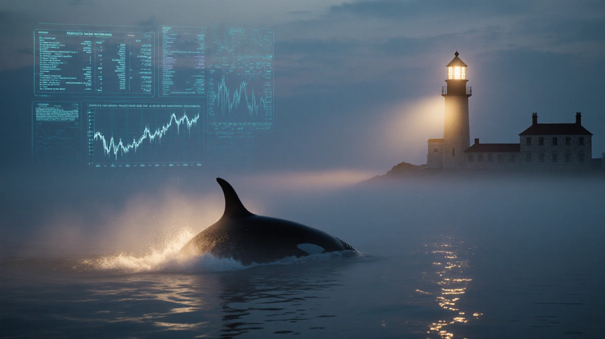 Whale breaching through ocean fog with golden lighthouse glow and faint crypto chart reflections in mist