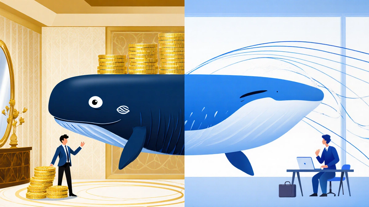 Whale investor swimming past gold symbols with retail trader at simple desk showing market size comparison