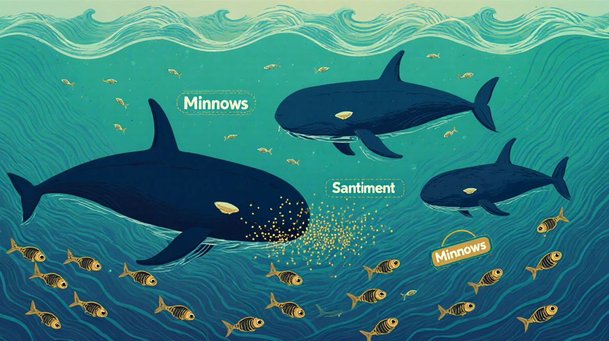 Large whales hunting panicked minnows with gold fins and ocean ripples showing market chaos