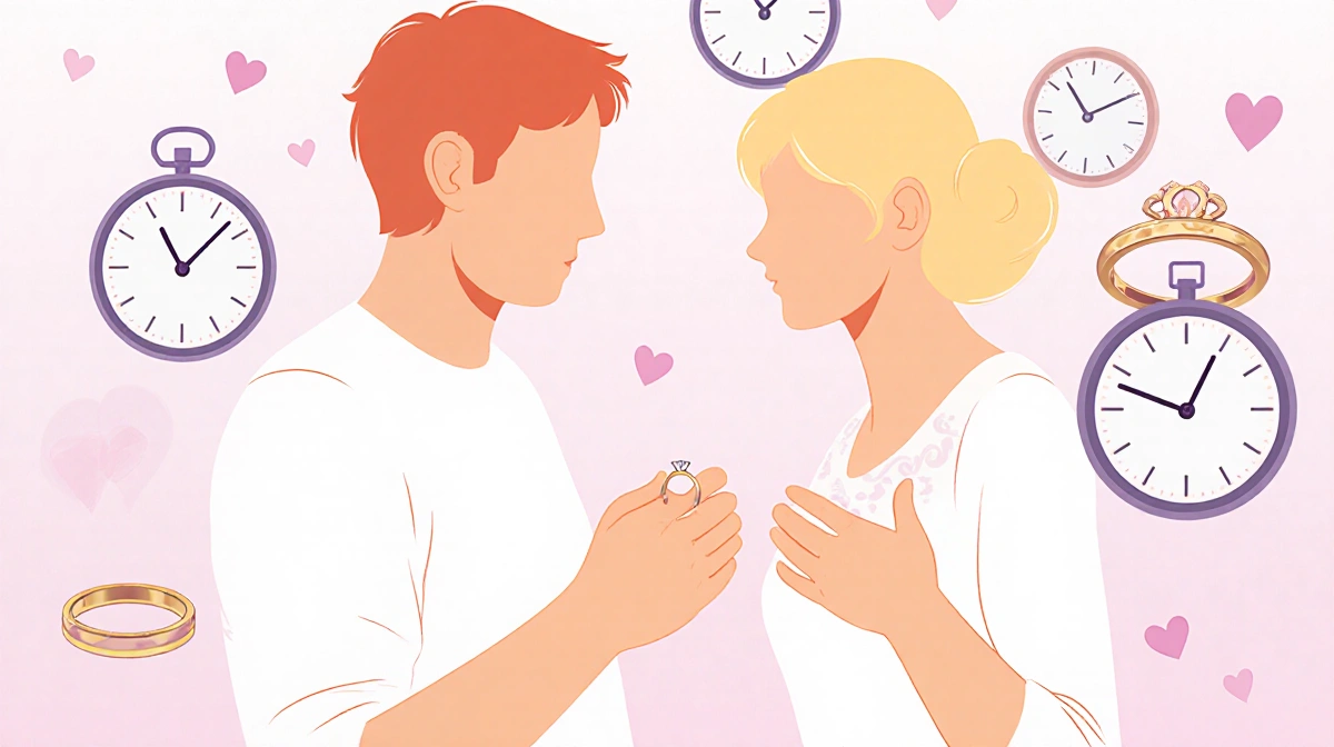 Couple exchanging vows with wedding rings and clock hands symbolizing whirlwind romance