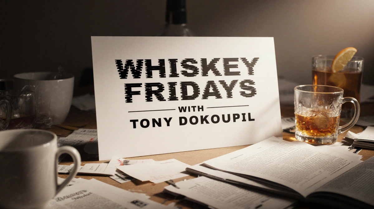Mockup title card reading Whiskey Fridays with Tony Dokoupil sits on cluttered newsroom desk with whiskey glasses and coffee