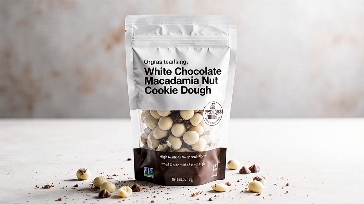 Bag shows creamy white chocolate cookie dough with macadamia nut specks and muted background