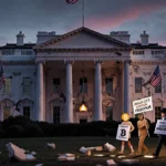 Protesters march with signs “Market Reality” and “Politics Over Profit” near a crumbling White House at dusk with a Bitcoin c