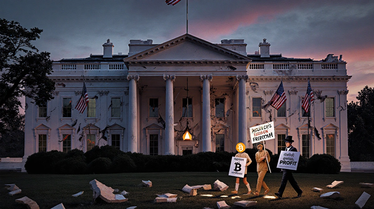 Protesters march with signs “Market Reality” and “Politics Over Profit” near a crumbling White House at dusk with a Bitcoin c