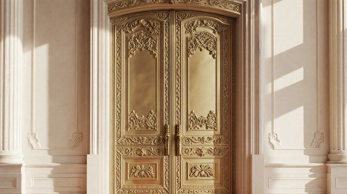Grand ornate door with intricate carvings and brass hardware stands with White House ballroom columns showing East Wing moder