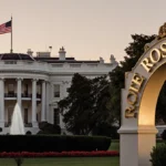 White House West Wing at dawn with gilded Mar-a-Lago-style lettering on Rose Garden entrance