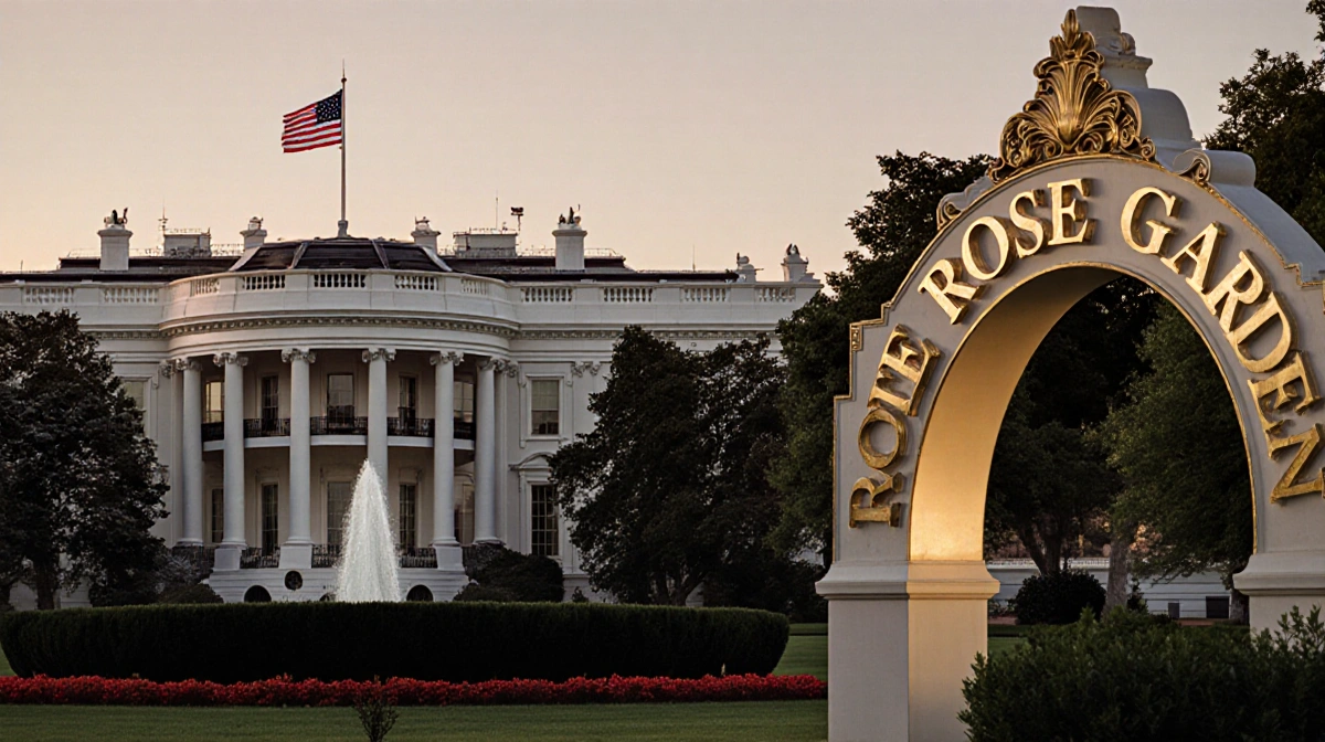 White House West Wing at dawn with gilded Mar-a-Lago-style lettering on Rose Garden entrance
