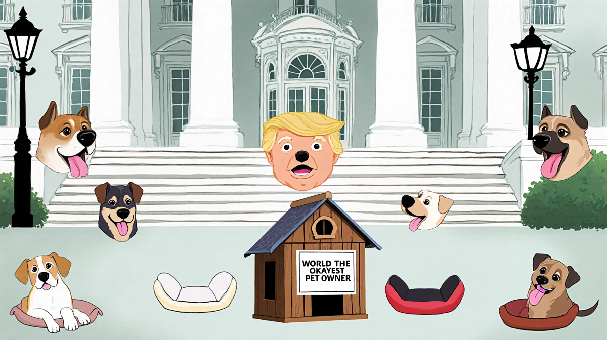 White House steps hold empty doghouse with World's Okayest Pet Owner sign and three vacant beds