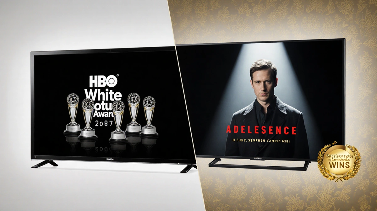 Split screen shows The White Lotus with three golden trophies and Adolescence on Netflix with spotlight highlighting Emmy win