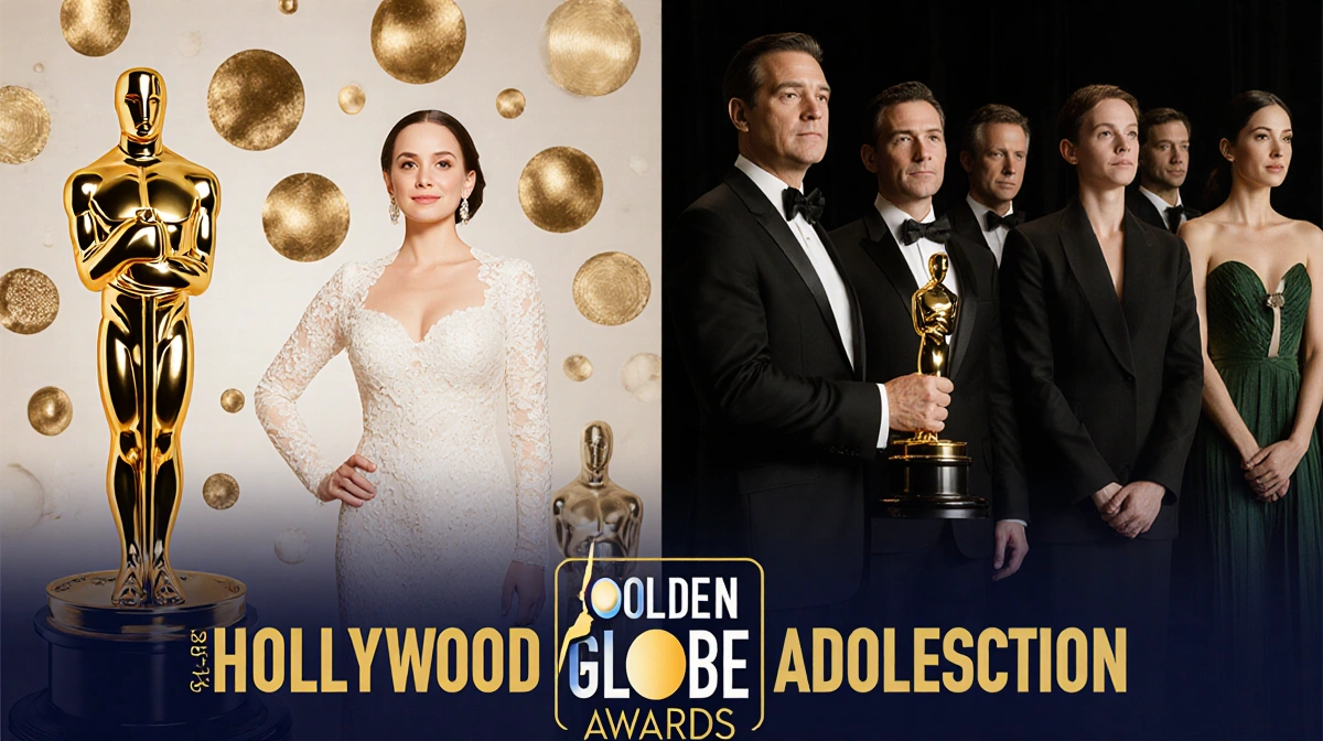 The White Lotus and Adolescence compete at the Golden Globes with gold statuettes and Hollywood backdrop