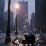A white rose rests on wet pavement with bike helmet and shattered windshield under dim streetlight