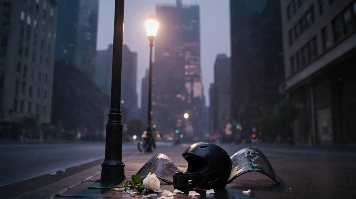 A white rose rests on wet pavement with bike helmet and shattered windshield under dim streetlight