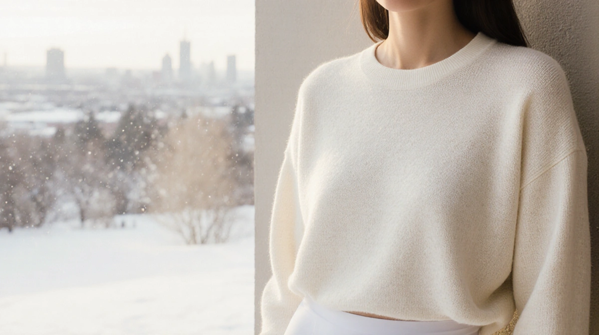 Woman modeling white cotton crewneck sweater over tank top with snowy trees and cityscape behind her