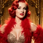 Whitney Leavitt as Roxie Hart standing sparkly gown with a red feather boa near an Art Deco backdrop.