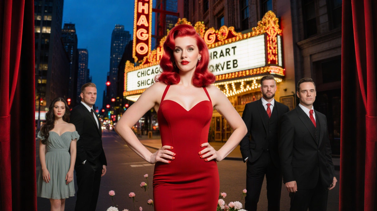 Whitney Leavitt stands confidently before a neon-lit Chicago theater marquee with fellow performers nearby and scattered flow