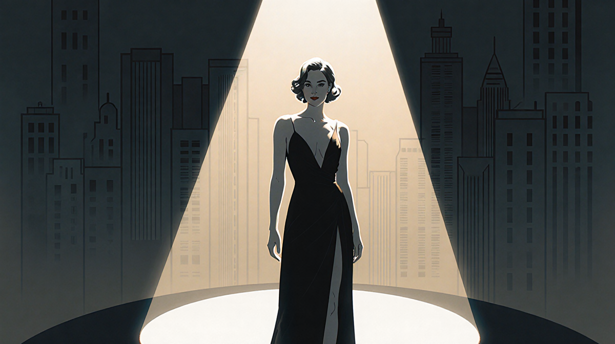Whitney Leavitt standing under a warm spotlight with a glamorous Broadway backdrop