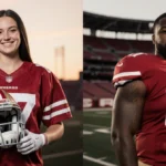 Whittney Purdy stands confidently with football jersey and helmet showing competitive spirit with 49ers stadium behind her