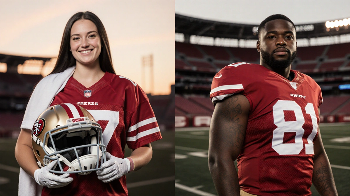 Whittney Purdy stands confidently with football jersey and helmet showing competitive spirit with 49ers stadium behind her