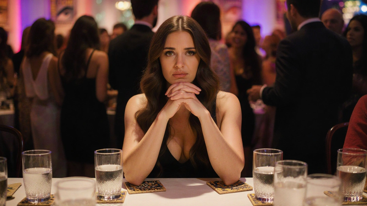 Whitney Rose sits with clasped hands at table with empty glasses and blurred BravoCon partygoers behind