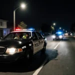 Whittier police car speeding down dark street with officer driving and suspect