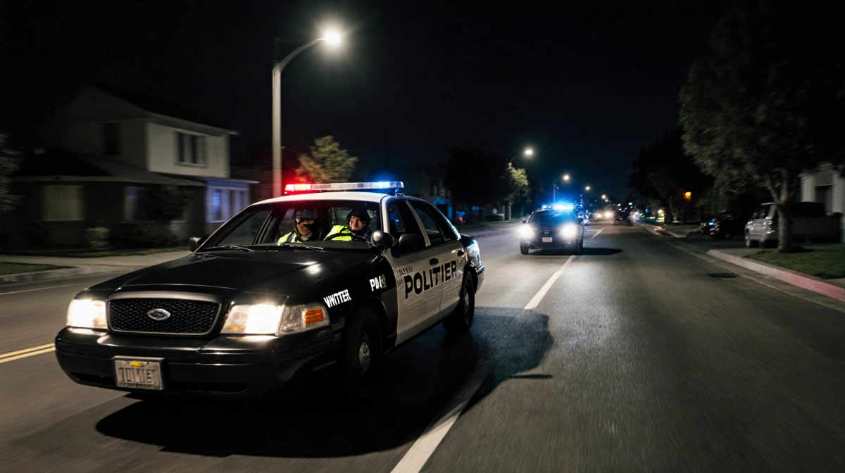 Whittier police car speeding down dark street with officer driving and suspect