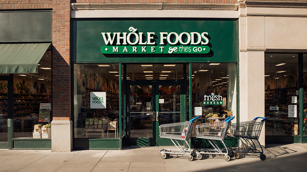 Abandoned shopping carts arranged neatly by door with Whole Foods sign partially visible above Amazon Go façade and warm natu