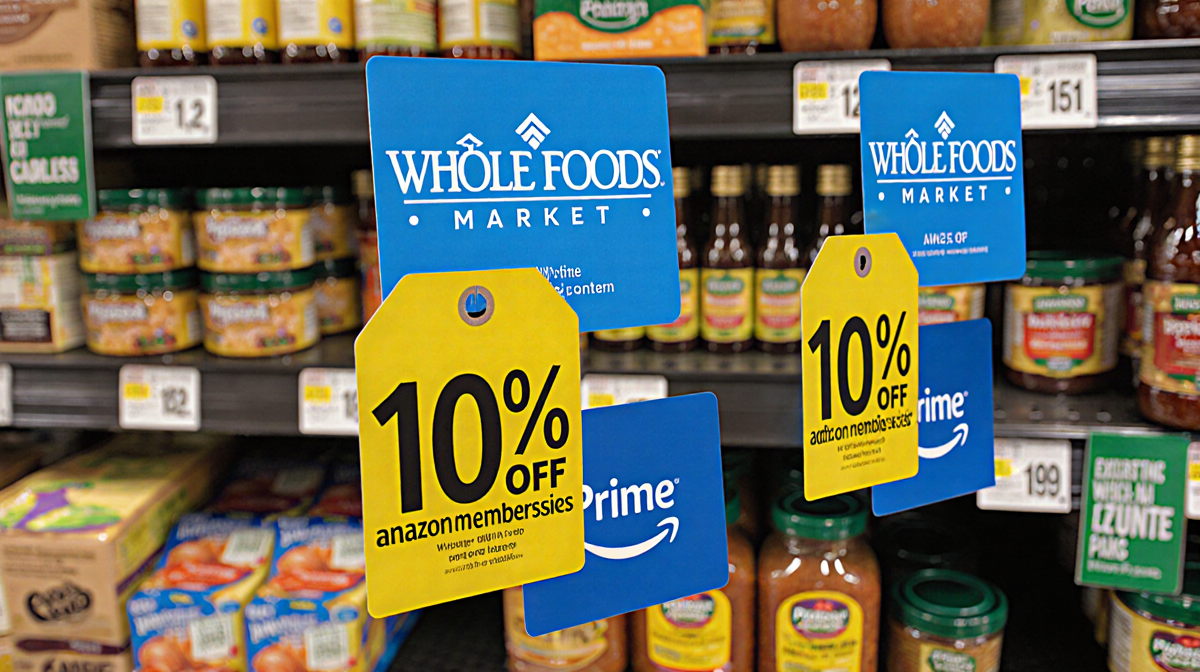 Whole Foods shelf displays discounted items with blue stickers and yellow tags near Amazon Prime logo on blurred background