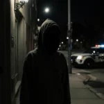 Widow stands near doorway with flickering streetlight casting shadows and police cruiser visible behind