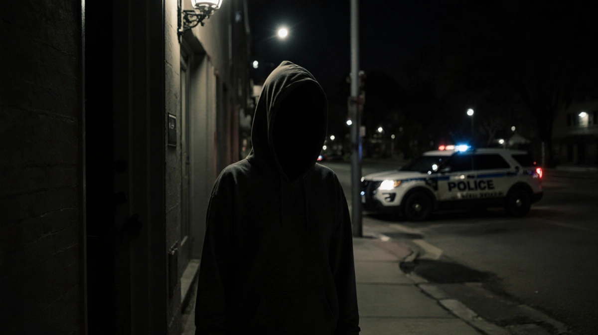 Widow stands near doorway with flickering streetlight casting shadows and police cruiser visible behind