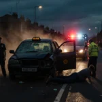 A shocked teenager stands beside a taxi driver
