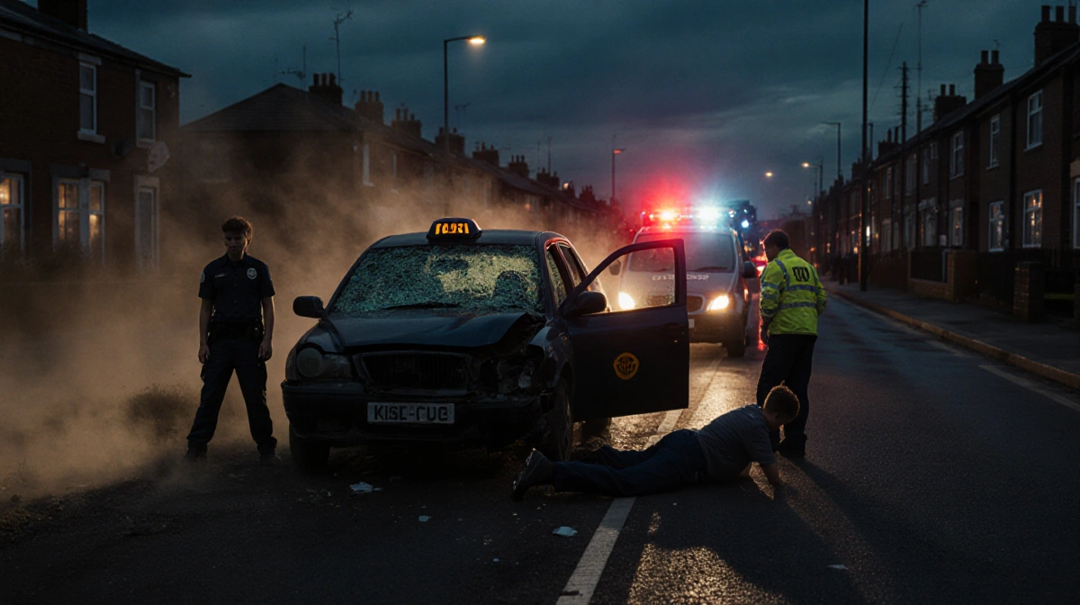 A shocked teenager stands beside a taxi driver