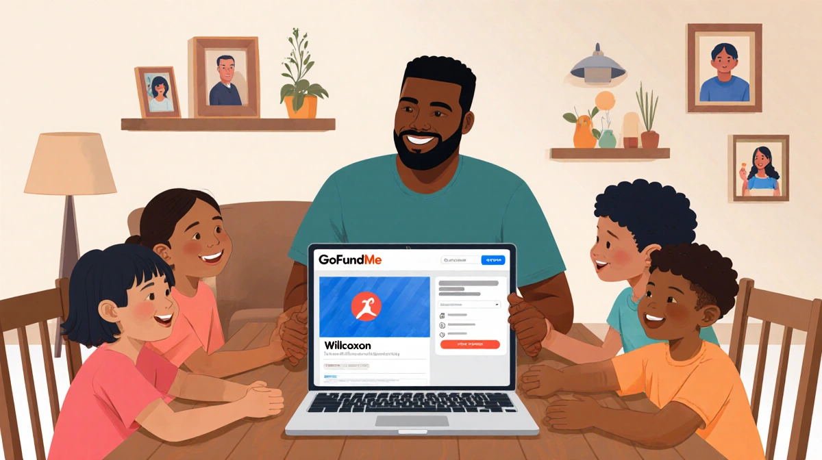 Family gathers around dinner table with father Wilcoxon and children holding hands while GoFundMe page glows on laptop nearby