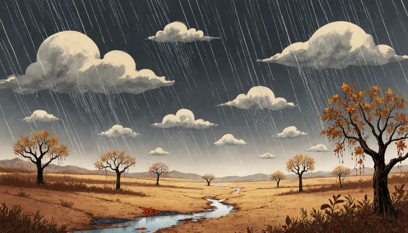 Scattered storm clouds hover over parched landscape with drooping leaves and raindrops near charred wildfire trunks
