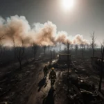 Firefighters walk through burnt forest with charred trees and destroyed buildings showing wildfire devastation