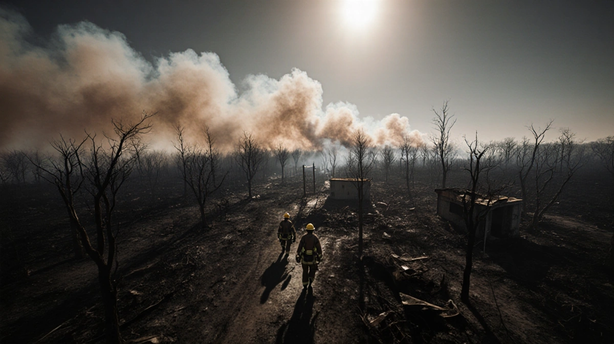 Firefighters walk through burnt forest with charred trees and destroyed buildings showing wildfire devastation