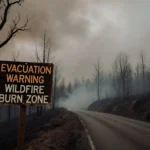 Winding road snakes through burn‑scarred forest with mist rising and a wooden evacuation sign warning of a wildfire burn zone