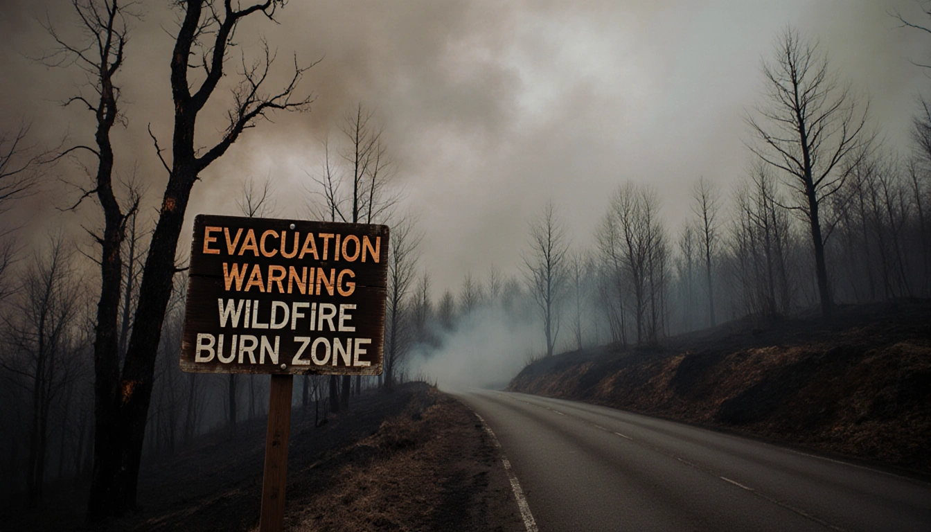 Winding road snakes through burn‑scarred forest with mist rising and a wooden evacuation sign warning of a wildfire burn zone