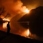 Person stands at reservoir shoreline watching distant wildfires with Eaton Canyon burning in background