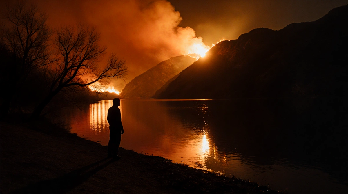 Person stands at reservoir shoreline watching distant wildfires with Eaton Canyon burning in background
