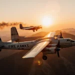 Aircraft squadron flying over mountainside with sunset glow and wildfire response logo on one plane