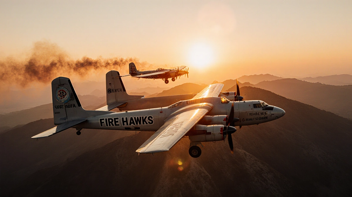 Aircraft squadron flying over mountainside with sunset glow and wildfire response logo on one plane