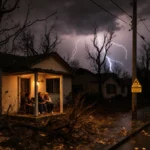 Residents huddle under covered porch with wildfire‑burned street and flashing flood warning sign