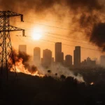 Wildfire burns near power tower with smoke filling sunset sky over city skyline