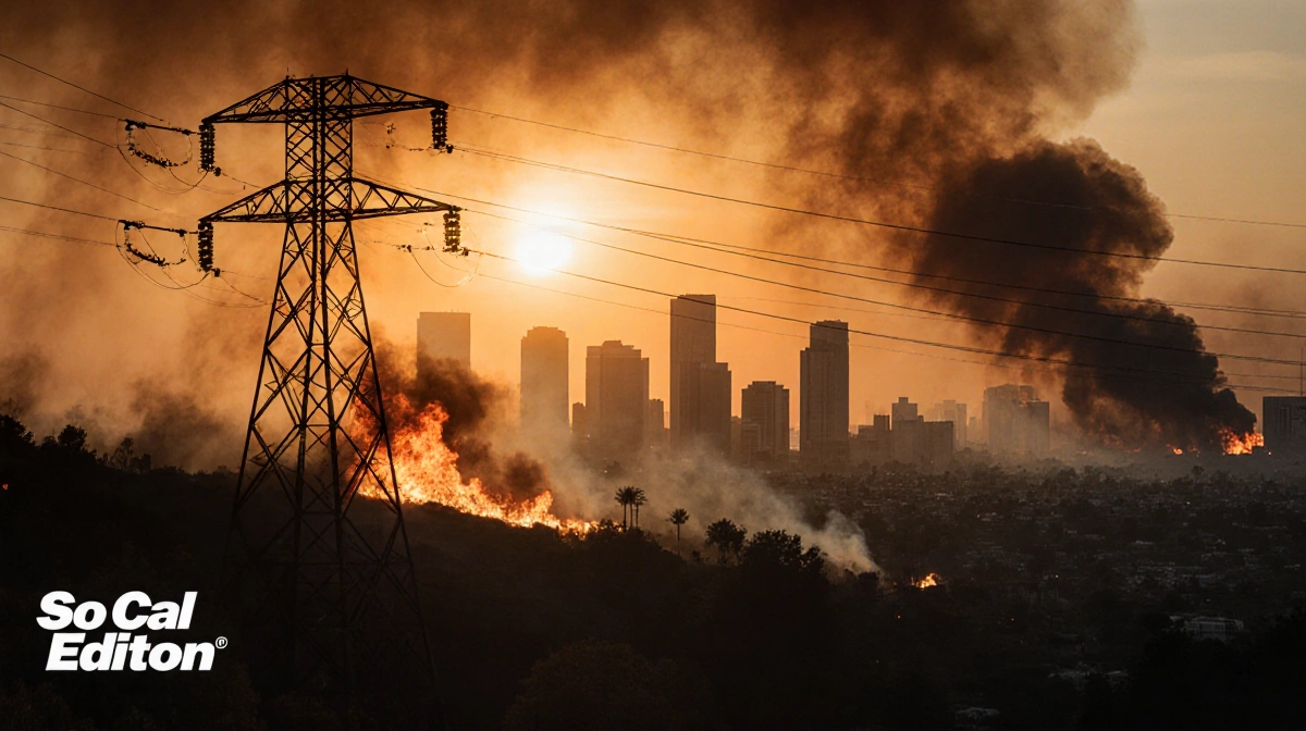 Wildfire burns near power tower with smoke filling sunset sky over city skyline