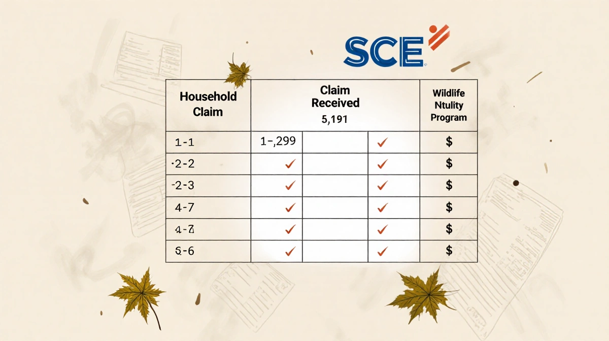 Financial ledger table showing household claims with checkmarks and scattered leaves with SCE logo in corner