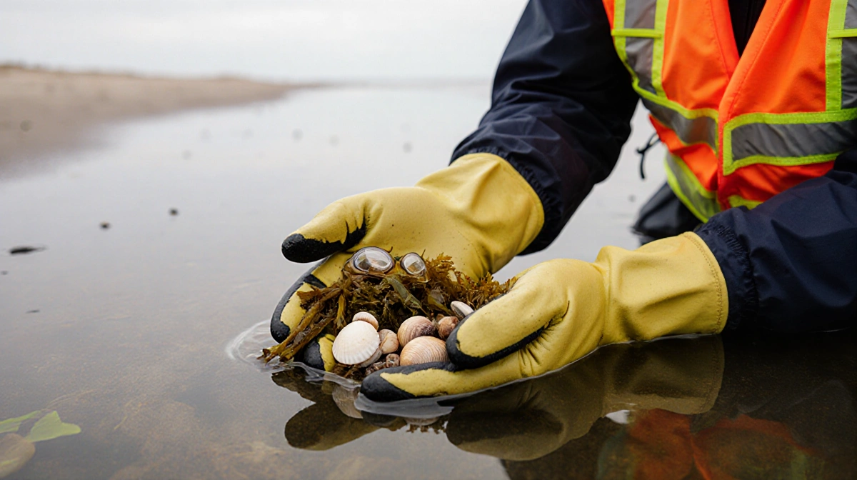 Wildlife official wearing safety vest and goggles collecting marine debris with gloves holding shells and seaweed near beach